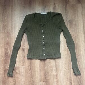 LA Relaxed Olive Green 100% Organic Cotton Pointelle Cardigan Size Small